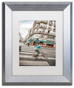 "Paris Bicycle Rider" Framed Art by Yale Gurney, Silver, White, 11"x14"