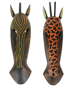Zebra And Giraffe Jungle Carved Wooden Mask Wall Hangings 19 Inch