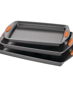 Yum-O! Nonstick 3-Piece Oven Lovin' Cookie Pan Set, Gray, Orange Silicone Grips