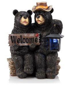 "Welcome" Bears Statue With Solar Lantern, 15"