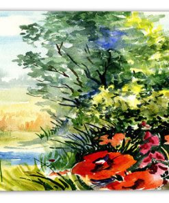 "Watercolor Landscape With Flowers" Landscape Canvas Print, 32"x16"