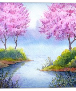 "Flowering Trees Over Lake" Landscape Canvas Artwork, 30"x30"