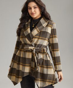 Plaid Belted Lapel Collar Hanky Hem Woolen Coat