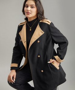 Lapel Collar Patchwork Double Breasted Pocket Coat