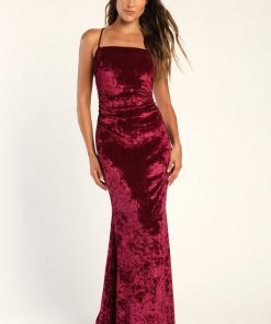 Your Every Wish Burgundy Crushed Velvet Ruched Maxi Dress