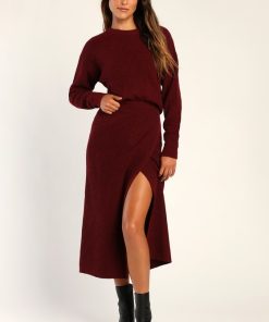Autumn Sweetheart Burgundy Waffle Knit Two-Piece Sweater Dress