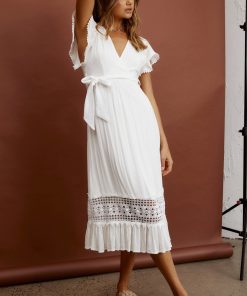 ZEPHYR WAIST TIE MIDI DRESS WHITE