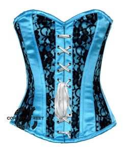 Plus Size Baby Blue Satin With Black Net Front Ribbon Overbust Corset