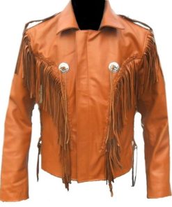 ,Men Tan Western Style Leather Jacket ,Cowboy Cowhide Leather Fringe Jacket