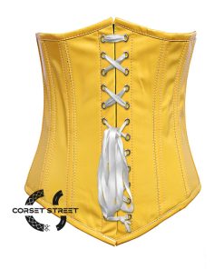 Yellow PVC Leather With White Lace Long Underbust Waist Training Corset